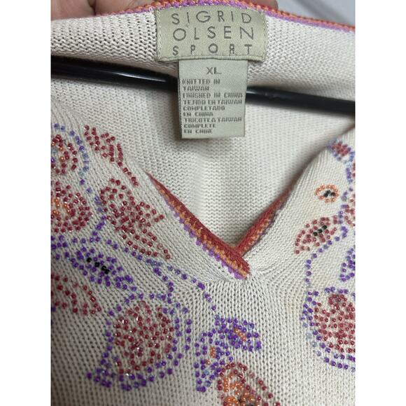 Sigrid Olsen Cotton Blend Beaded Floral Cream Sweater V Neck Vintage Size XL - Picture 8 of 9